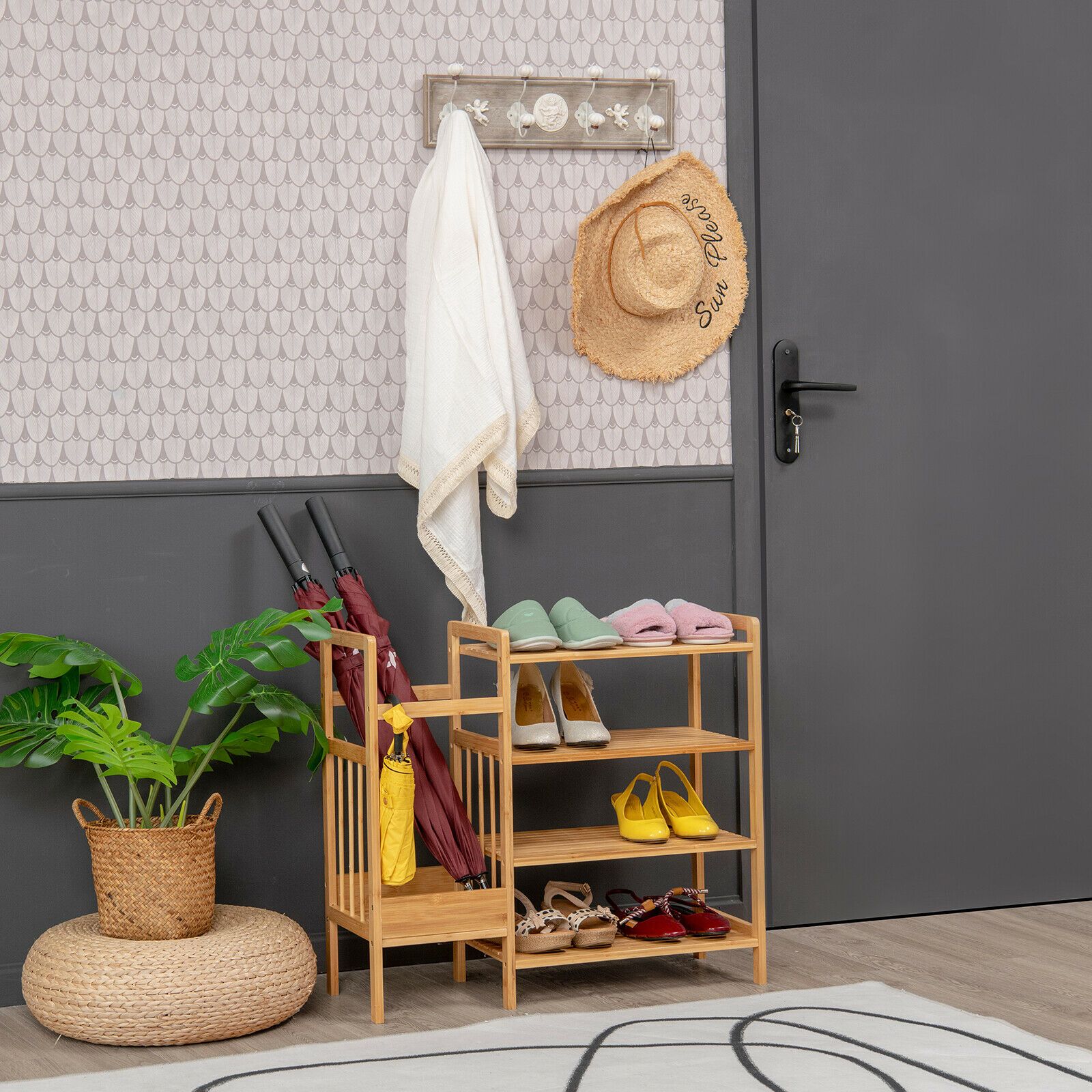 4 Shelved Bamboo Shoe Rack with Umbrella Stand